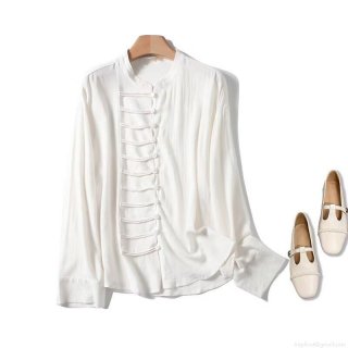 Women's New Chinese Style Blouse Viscose Linen Blend Stand Collar Frog Button Long Sleeve Shirt Elegant Solid White Top for Daily Office Wear