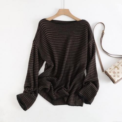 Women's Striped Knit Sweater 75% Acrylic 15% Wool 10% Nylon Boat Neck Long Sleeve Loose Fit Casual Pullover Top Daily Fall Winter Women Knitwear