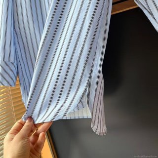 Women's Sky Blue Striped Long Sleeve Shirt Casual Loose Cotton Blend Button Down Blouse Top for Daily Streetwear Fashion