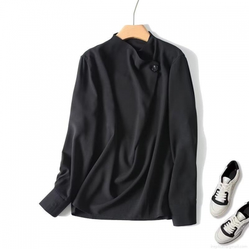 Women's Elegant New Chinese Style Stand Collar Black Blouse Long Sleeve Single Button Minimalist Loose Polyester Shirt For Office Casual Lady Comfort Tops