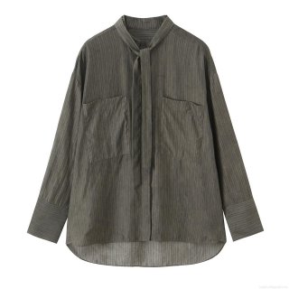 Women's Striped Tie Neck Blouse Casual Long Sleeve Polyester Spandex Shirt With Front Pockets Relaxed Fit Button Down Work Top For Spring Winter