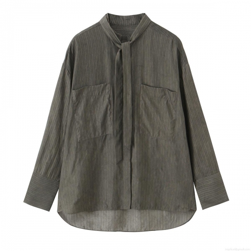 Women's Striped Tie Neck Blouse Casual Long Sleeve Polyester Spandex Shirt With Front Pockets Relaxed Fit Button Down Work Top For Spring Winter