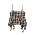 Women Sexy Plaid Camisole Layered Ruffle Peplum Top Adjustable Spaghetti Straps Backless Checkered Tank Top French Pastoral Style Summer Blouse