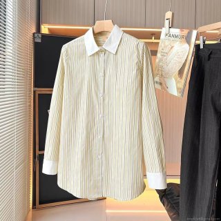Women's Striped Long Sleeve Shirt Contrast White Lapel Cotton Blouse Loose Casual Button Down Top for Work Office Daily Streetwear Lady