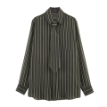 Women's Elegant Striped Long Sleeve Shirt With Matching Tie Polyester Lapel Loose Fit Button Down Blouse Office Daily Wear Stylish Comfort Top