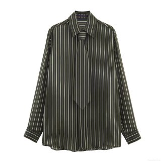 Women's Elegant Striped Long Sleeve Shirt With Matching Tie Polyester Lapel Loose Fit Button Down Blouse Office Daily Wear Stylish Comfort Top