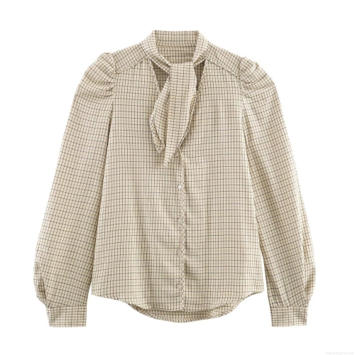 Women's Fashion Plaid Tie-Neck Long Sleeve Blouse Polyester Spandex Casual Loose Fit Khaki Button Down Shirt For Daily Commuting