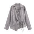 Women's Striped Long Sleeve Blouse Casual Loose Asymmetrical Hem Shirt Side Tie Bow V-Neck Turn-down Collar Cotton Blend Tops For Women Office Daily