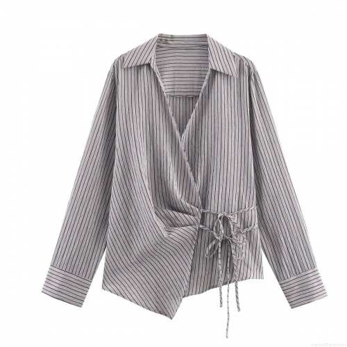 Women's Striped Long Sleeve Blouse Casual Loose Asymmetrical Hem Shirt Side Tie Bow V-Neck Turn-down Collar Cotton Blend Tops For Women Office Daily