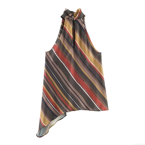 Women Halter Neck Sexy Off-Shoulder Striped Top Asymmetric Irregular Hem Sleeveless Resort Style Polyester Spandex Camisole Vest For Summer Party