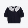 Women's Fashion Knit Top With White Lace Peter Pan Collar Short Puff Sleeve Navy Blue Casual T-Shirt Polyester Spandex Crochet Edge Pullover