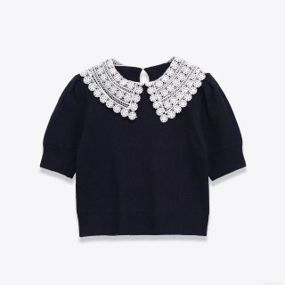 Women's Fashion Knit Top With White Lace Peter Pan Collar Short Puff Sleeve Navy Blue Casual T-Shirt Polyester Spandex Crochet Edge Pullover