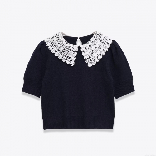 Women's Fashion Knit Top With White Lace Peter Pan Collar Short Puff Sleeve Navy Blue Casual T-Shirt Polyester Spandex Crochet Edge Pullover