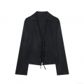 Women's Fashion Minimalist Black Tie-Front Suede Effect Long Sleeve Shirt Casual Polyester Spandex Blouse Top For Autumn Winter Lady