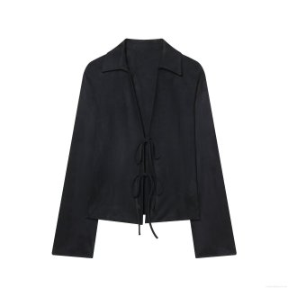 Women's Fashion Minimalist Black Tie-Front Suede Effect Long Sleeve Shirt Casual Polyester Spandex Blouse Top For Autumn Winter Lady