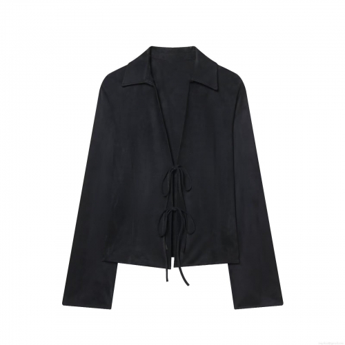 Women's Fashion Minimalist Black Tie-Front Suede Effect Long Sleeve Shirt Casual Polyester Spandex Blouse Top For Autumn Winter Lady