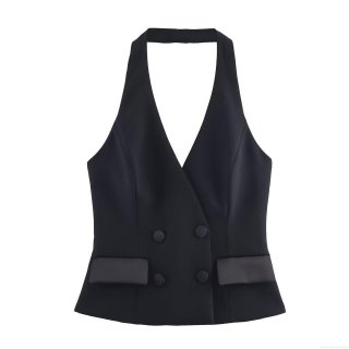 Women's Fashion Halter Neck Waistcoat Vest Elegant Solid Color Slim Fit Double Breasted Tailcoat Top For Office Commute Evening Party Sleeveless Tank Top