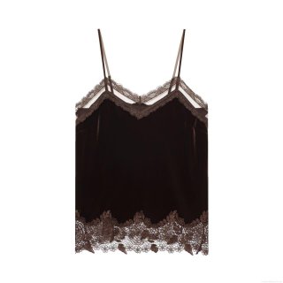 Sexy Velvet Lace Trim Camisole Top V Neck Adjustable Straps Polyester Spandex Sleeveless Vest For Dating Party Night Out Women Fashion Chic Inner Wear