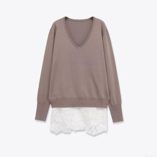 Women's V-Neck Knit Sweater Lace Patchwork Hem Loose Fit Pullover Long Sleeve Polyester Spandex Blend Soft Casual Solid Color Jumper Top For Fall Winter