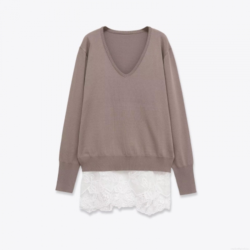 Women's V-Neck Knit Sweater Lace Patchwork Hem Loose Fit Pullover Long Sleeve Polyester Spandex Blend Soft Casual Solid Color Jumper Top For Fall Winter