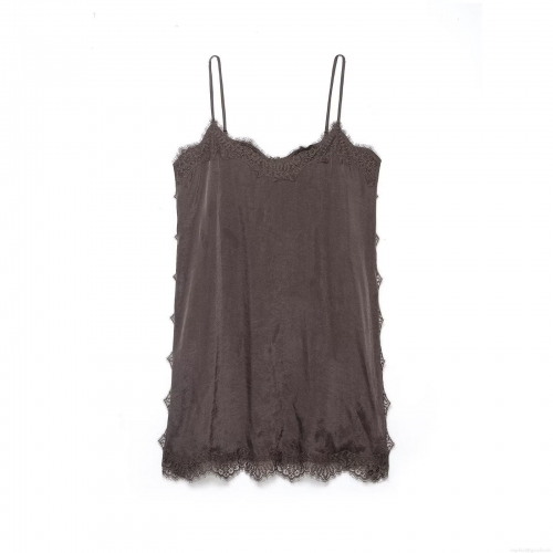 Women Sexy Lace Patchwork Satin Camisole Top Deep Brown Backless V-Neck Silk Feel Sleeveless Tank Top For Party Club Daily Wear Elegant Lingerie Style Vest