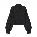 Women's Elegant Black Pleated Chiffon Blouse Long Sleeve Lantern Sleeve Bow Tie Back Stand Collar V Neck Casual Fashion Top For Party Office Lady