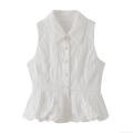 Women's Elegant White Sleeveless Jacquard Peplum Shirt Sweet Polo Collar Single Breasted Vest Top For Daily Dating Summer Fashion Blouse
