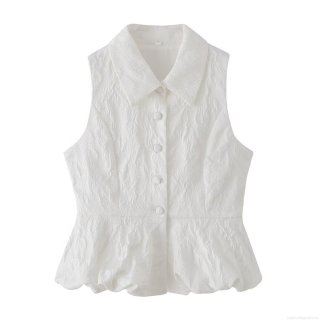 Women's Elegant White Sleeveless Jacquard Peplum Shirt Sweet Polo Collar Single Breasted Vest Top For Daily Dating Summer Fashion Blouse
