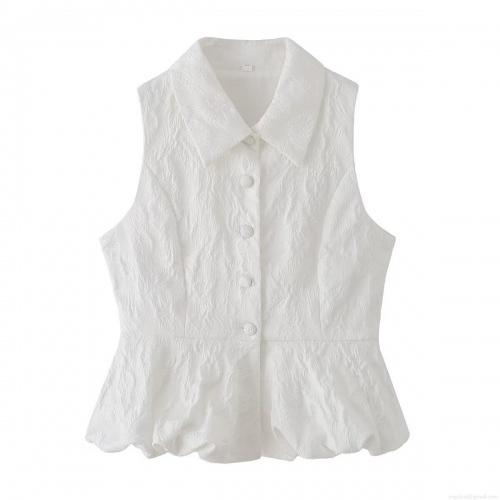 Women's Elegant White Sleeveless Jacquard Peplum Shirt Sweet Polo Collar Single Breasted Vest Top For Daily Dating Summer Fashion Blouse
