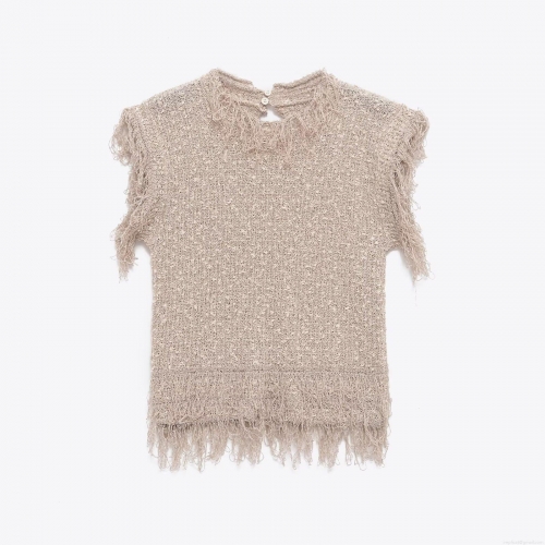 Women's Sleeveless Knit Vest Top With Tassels Fringe Detail Round Neck Beige Khaki Chunky Sweater For Autumn Winter Casual Elegant Ladies Knitwear
