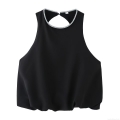 Women's Fashion Backless Round Neck Rhinestone Beaded Sleeveless Top Elegant Black Polyester Spandex Small Puff Tank Top For Party Clubwear Summer Sleeveless T-Shirt