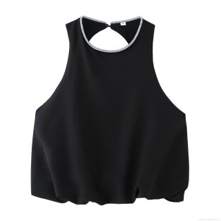 Women's Fashion Backless Round Neck Rhinestone Beaded Sleeveless Top Elegant Black Polyester Spandex Small Puff Tank Top For Party Clubwear Summer Sleeveless T-Shirt