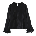 Women's Satin Blouse Elegant Layered Ruffle Design Long Sleeve Round Neck Pullover Top Solid Black Casual Party Sweet Style Fashion Shirt