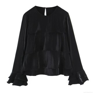 Women's Satin Blouse Elegant Layered Ruffle Design Long Sleeve Round Neck Pullover Top Solid Black Casual Party Sweet Style Fashion Shirt