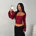 Women Sexy Wine Red Lace Jacquard Long Sleeve Crop Top Hollow Out Lace-up Bell Sleeve Slim Fit T-shirt Streetwear Party Clubwear Top