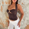Women's Sexy Deep Brown Halter Neck Ruched Top With Metal Ring Detail Solid Color Backless Sleeveless Summer Streetwear Clubwear Shirt