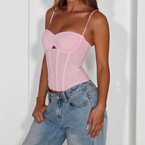 Women Sexy Corset Camisole Top Polyester Spandex Hollow Out Bustier Shaping Streetwear Summer Slim Fit Sleeveless Cropped Vest For Party Dating