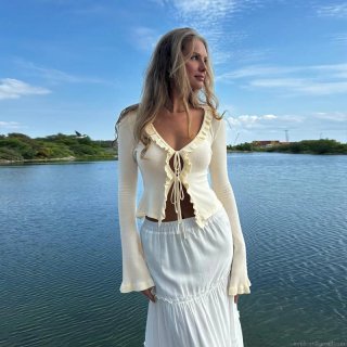 Women's Elegant Ruffle Lace-up Flare Sleeve Top Slim Fit V Neck Knit Blouse Solid Color Sweet Cardigan For Autumn Spring Daily Dating Party