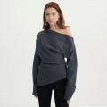 Women's Elegant Off-Shoulder Knitted Long Sleeve Top Polyester Spandex Ribbed Asymmetric Slant Neck Pullover Solid Color Slim Fit Casual Jumper For Women Fashion Daily Dating