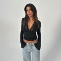 Women's Sexy Deep V-Neck Lace Trim Long Sleeve Top Slim Fit Flare Cuff Ribbed Polyester Spandex Solid Color Base Layer Blouse For Women Party Clubwear