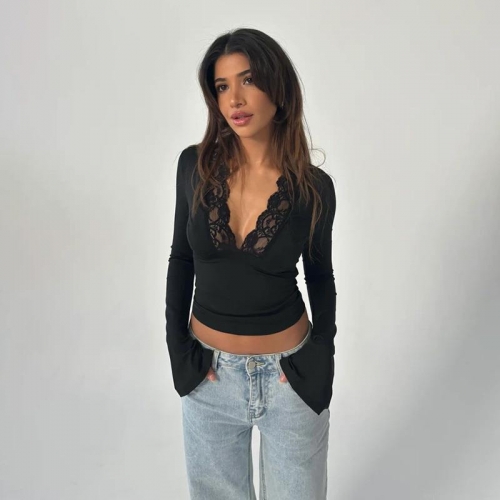 Women's Sexy Deep V-Neck Lace Trim Long Sleeve Top Slim Fit Flare Cuff Ribbed Polyester Spandex Solid Color Base Layer Blouse For Women Party Clubwear