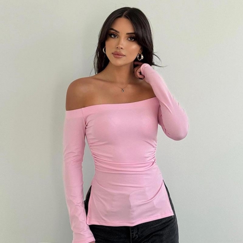 Women's Sexy Off-the-shoulder Long Sleeve Top Slim Fit Side Pleated Split Hem Pullover T-Shirt Polyester Spandex Blend Solid Color Casual Daily Clubwear