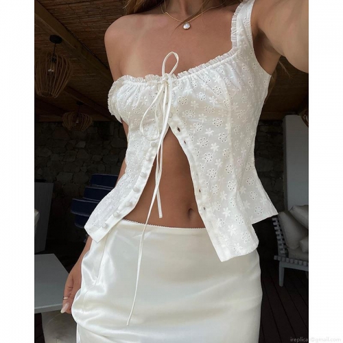 Women's White Lace Embroidery Crop Tank Top Polyester Cotton Blend Hollow Out Tie Up Floral Sexy Summer Pastoral Camisole