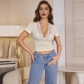 Women Elegant Lace Trim V Neck Short Sleeve T-Shirt Slim Fit Rib Knit Patchwork Top With Bow French Style Sweet Solid Color Summer Blouse