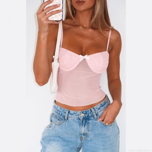 Sexy Pink Mesh Bustier Camisole With Bow Decor Fishbone Corset Top For Women Club Party Streetwear Summer Y2K Aesthetic Crop Top