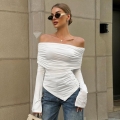 Women Sexy Ruched Off-Shoulder Long Sleeve Top Irregular V-Hem Slim Fit Solid Color Polyester Spandex Elegant Blouse Shirt For Autumn Party Streetwear