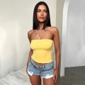 Women's Sexy Strapless Tube Top Polyester Spandex Slim Fit Cropped Tank Top 2025 Spring New Style Streetwear Party Clubwear Solid Color Bright Yellow Summer Top