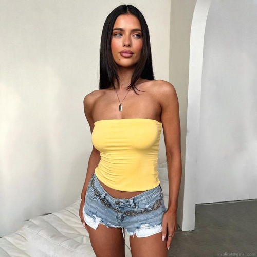 Women's Sexy Strapless Tube Top Polyester Spandex Slim Fit Cropped Tank Top 2025 Spring New Style Streetwear Party Clubwear Solid Color Bright Yellow Summer Top