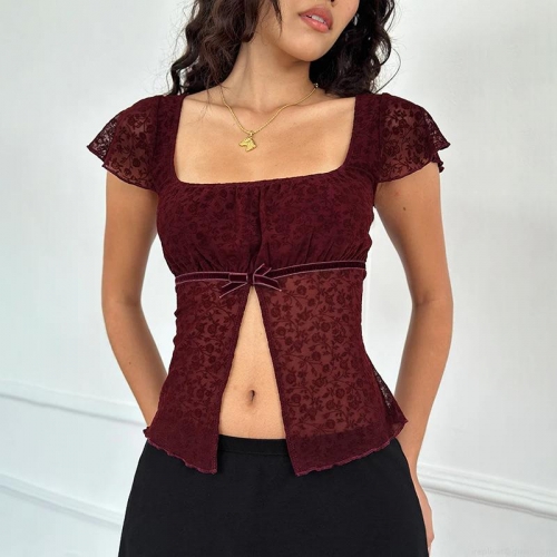 Women Square Neck Lace T-Shirt Burgundy Floral Short Sleeve Slim Fit Top With Bow Slit Hem Vintage Sexy Summer Mesh Streetwear Tee