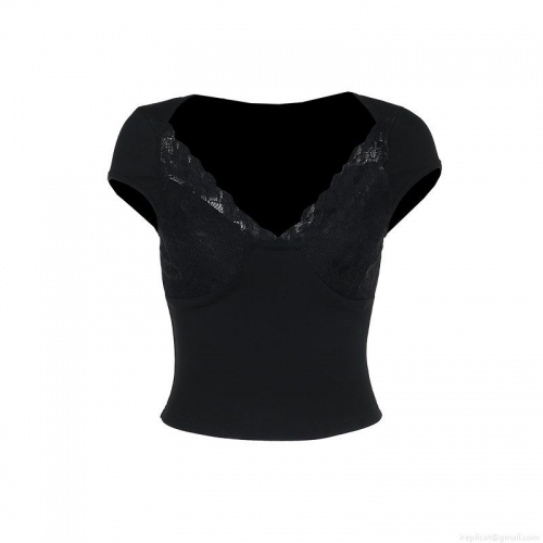 Women's Sexy Slim Fit Lace Patchwork V-Neck Crop Top Short Sleeve Polyester Spandex Ribbed T-Shirt Streetwear Y2K Aesthetic Summer Tee